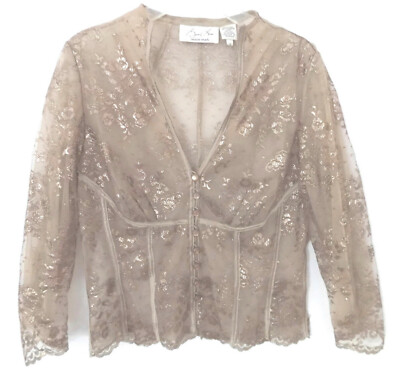 Byron Lars Gold lace top Deep V Sheer Metallic Floral Blouse