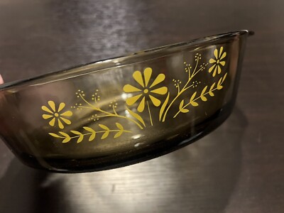 2 Vintage GLASBAKE Glass Casserole Dishes Yellow Daisy Brown Amber Visionware