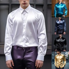 Mens Satin Silk Shirt Men Luxury Dancing Tops Solid Glossy Dress Wedding Casual