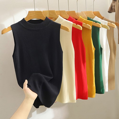Women Knitted Tank Top Vest Mock Neck Shirt Jumper Sweater Sleeveless Vest Top - Picture 14 of 14