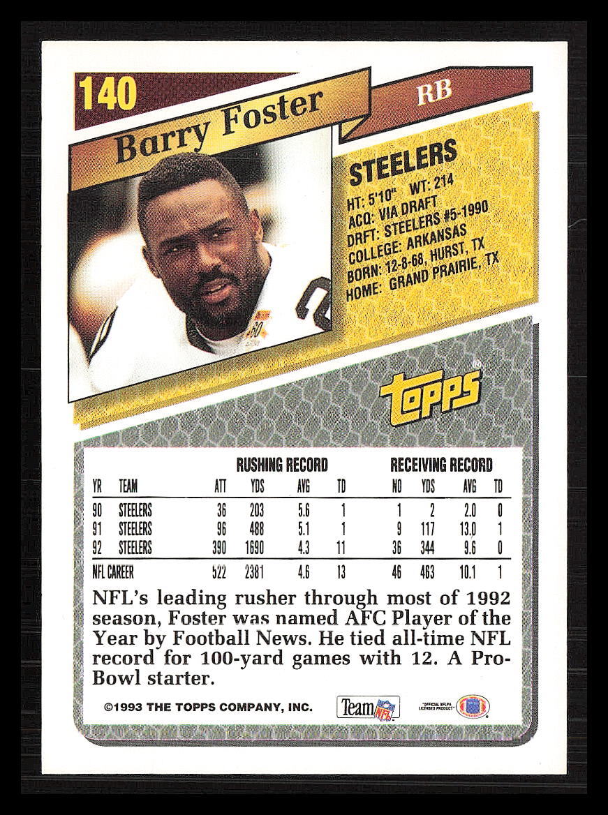 Barry Foster 1993 Topps #140 Pittsburgh Steelers | eBay