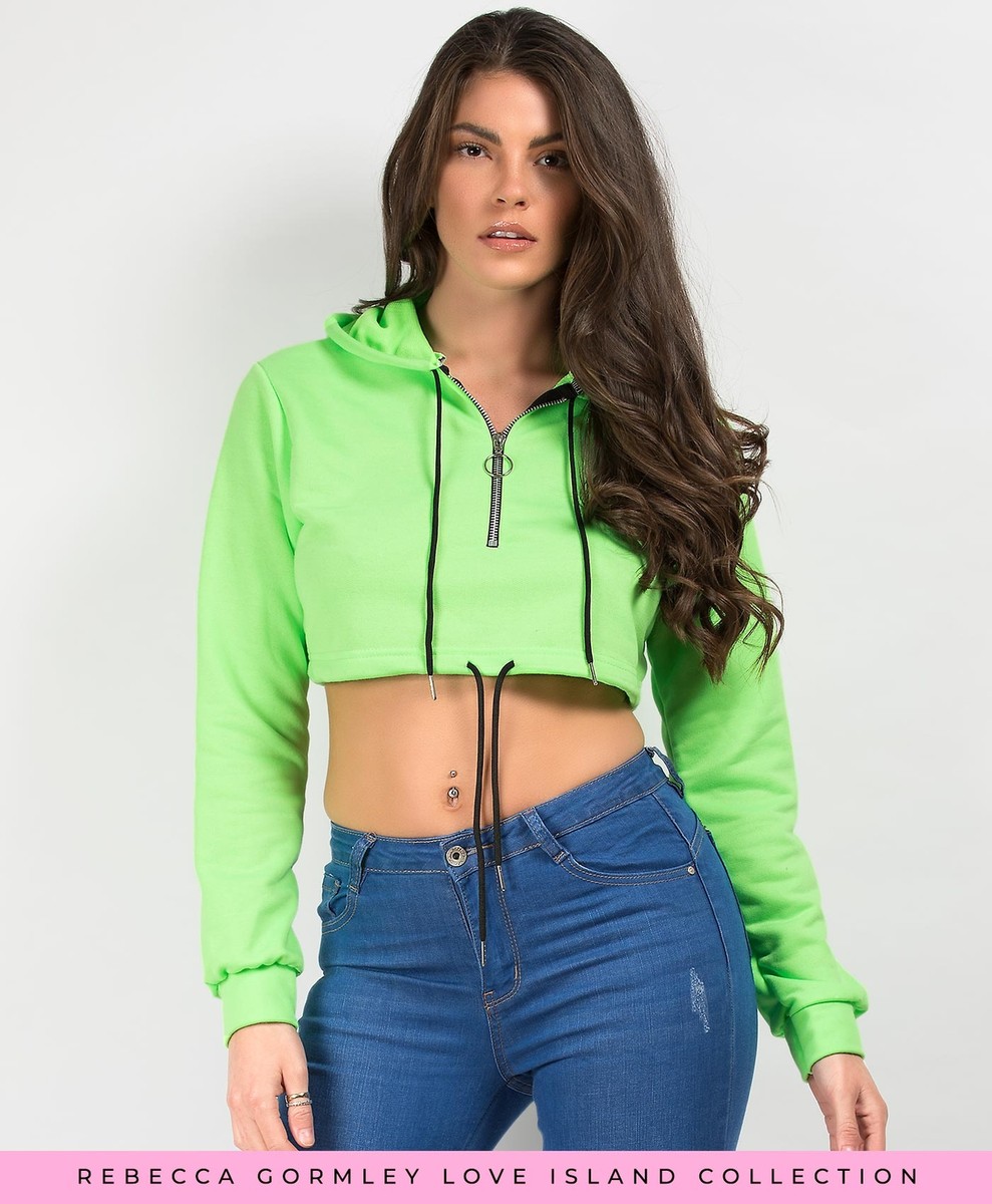 New Womens Cropped Hoody Ladies Neon Sweatshirt Pullover Hoodie 1/2 Zip Crop  Top | eBay