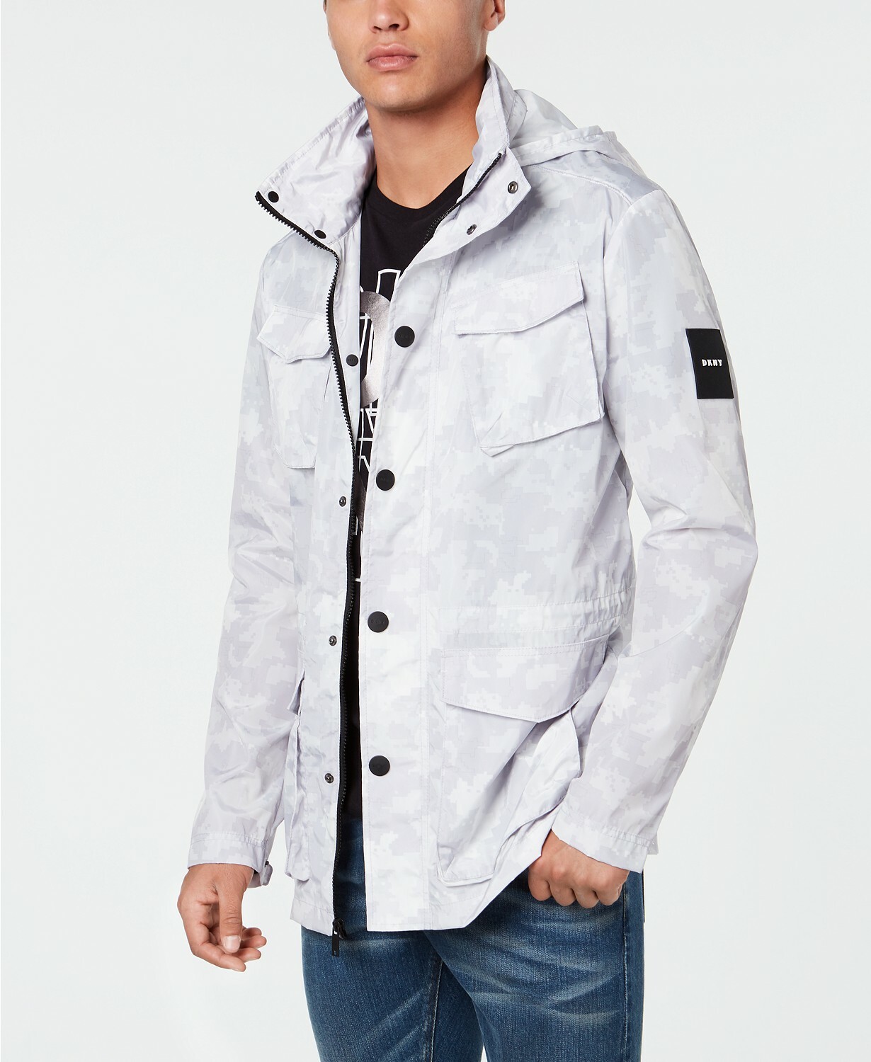 DKNY Men's Nylon Field Camo-Print Concealed Hooded Jacket 2XL - Main Image