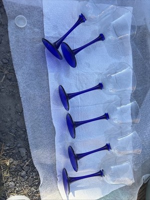 Set Of 6 Cobalt Blue Stem Clear Wine Glasses Luminarc Durand