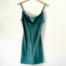 Green Satin Mini Slip Dress Sz 6 Bias Cut Cowel Neck Minimalist Date Night