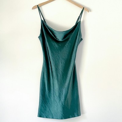 Green Satin Mini Slip Dress Sz 6 Bias Cut Cowel Neck Minimalist Date Night