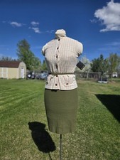 VTG 1960s 3 Pc Green Plaid Poly Knit Skirt Set Summer