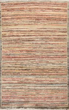 Striped Modern Oriental Wool Rug 3x4 Hand-knotted Colorful Contemporary Carpet