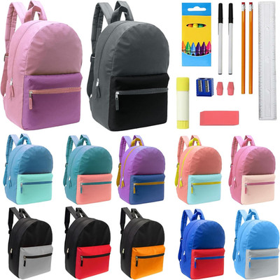 12-Pack 17'' Bulk Backpacks with 16 Piece School Supply Kit in 12 Assorted Colors