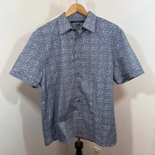 Perry Ellis Men’s Button Up Shirt L Blue Floral Slim Fit Stretch Short Sleeve