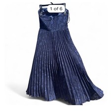 Lulus Navy Blue Floral Brocade Strapless Smocked Pleated Maxi Dress Size M