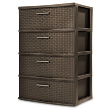 4 Drawer Wide Weave Tower, Plastic D cor Drawers with Pull Handles, Brown