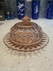 Jeannette Pink Windsor Diamond Butter Dish Round Covered Depression Glass