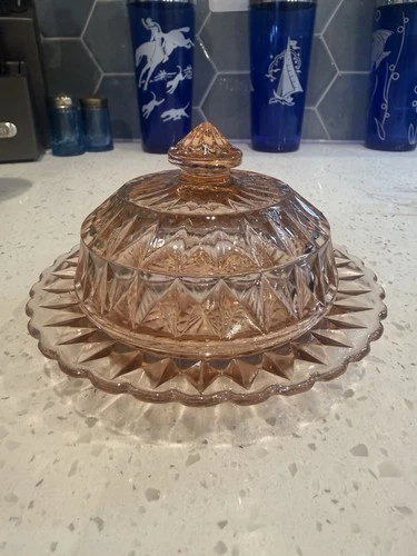 Jeannette Pink Windsor Diamond Butter Dish Round Covered Depression Glass