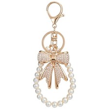 2 Pcs White Rhinestone Bowknot Keychain Imitation Pearl Chains Sparkly Bow Pu...