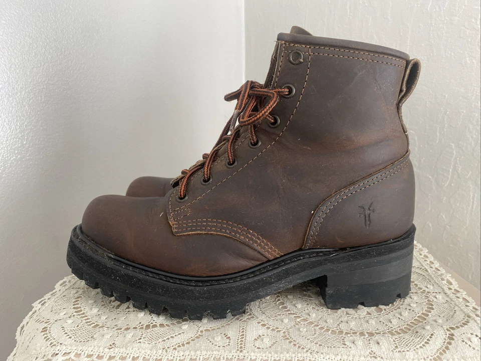 Botas de Leñador de Combate Frye para Mujer Cuero Marrón Gruesas Suela Vibram Con Cordones Talla 9 Foto 3 de 4
