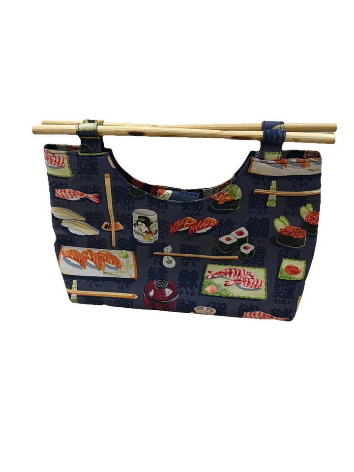 Vintage Asian/Sushi Print Fabric Bag Purse w/ Bamboo Chopstick Look Handles - Image 4 of 4