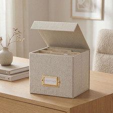 Beautiful Greeting Card Organizer Box with Dividers - Sturdy Linen Storage Box E
