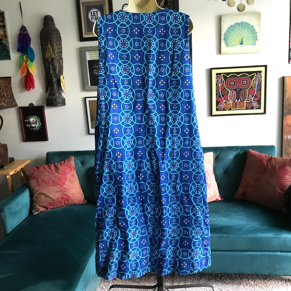 Vestido LIZ CLAIBORNE Talla XL Azul Estampado Geométrico Sin Mangas Mezcla de Lino Bolsillos Foto 3 de 4