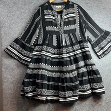 Elan Womens Black White Striped Tiered Boho Mini Dress Bell Sleeve Size Small