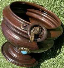 Vintage Hammered Copper & Brass Hanging Pot Cauldron w/ Turquoise Cabochons 6”