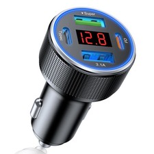 USB C Car Charger, 4 Port Metal USB Cigarette Lighter Adapter with Voltmeter