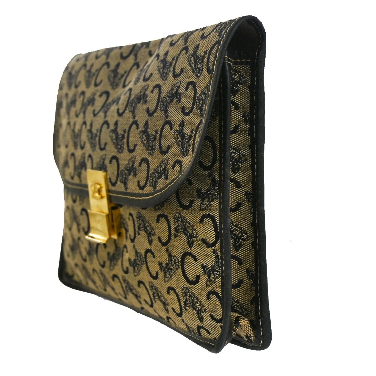 CELINE C Horse Carriage Clutch Bag Canvas Leather Brown Navy Blue Italy 02SG732