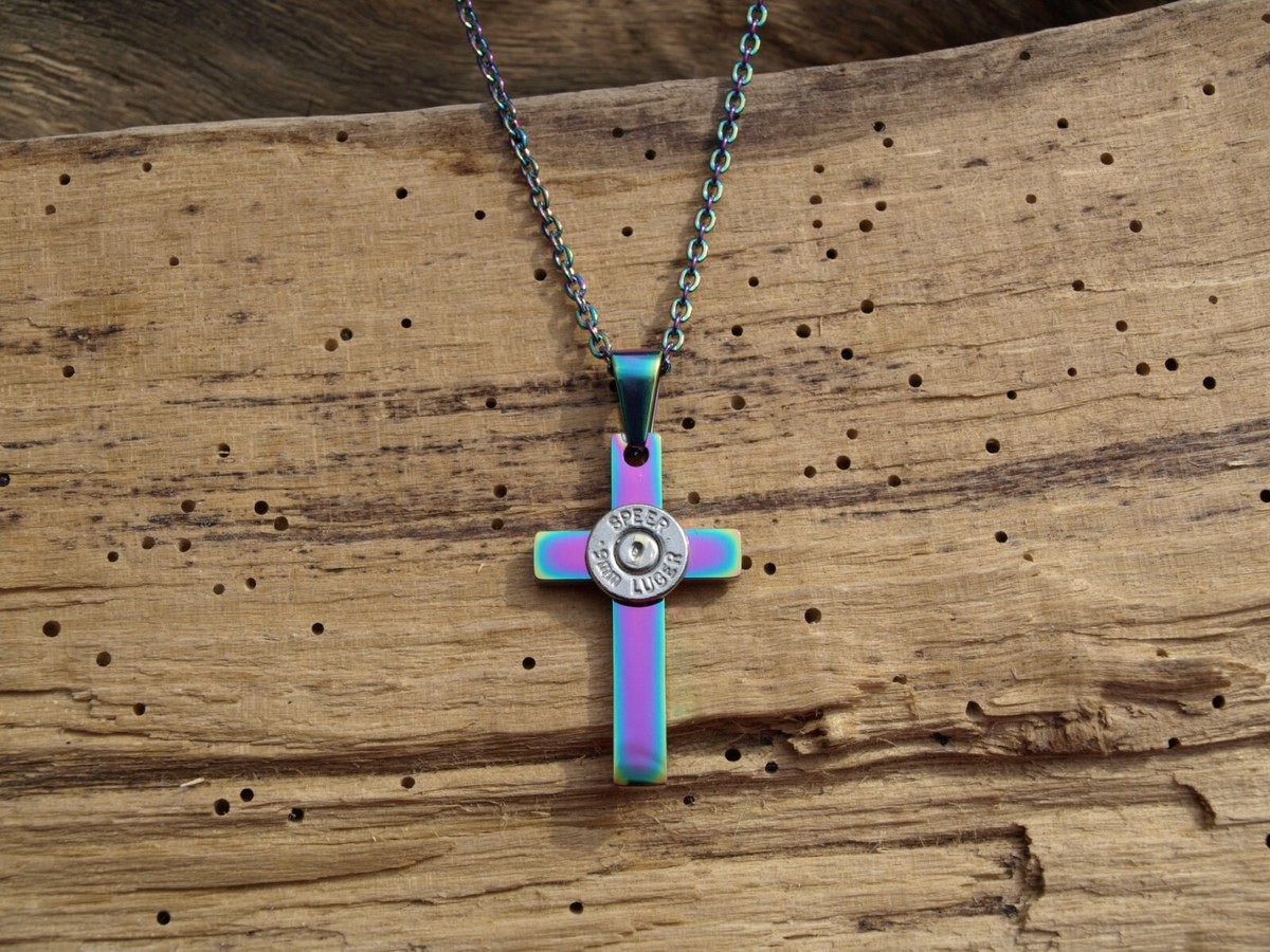 Rainbow Stainless Steel Cross Bullet Necklace w/ mm Optional 