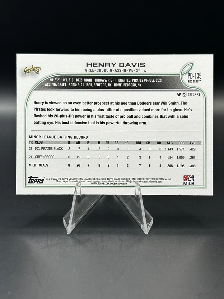 2022 Topps Pro Debut Henry Davis #PD-139 Image Variation Pittsburgh Pirates IV - Image 2 of 2
