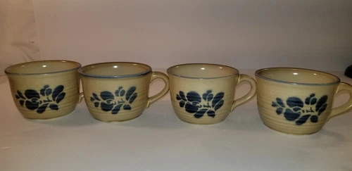 4 Pfaltzgraff FOLK ART TAN & BLUE 2 1/2" COFFEE CUPS Mugs USA Set Lot