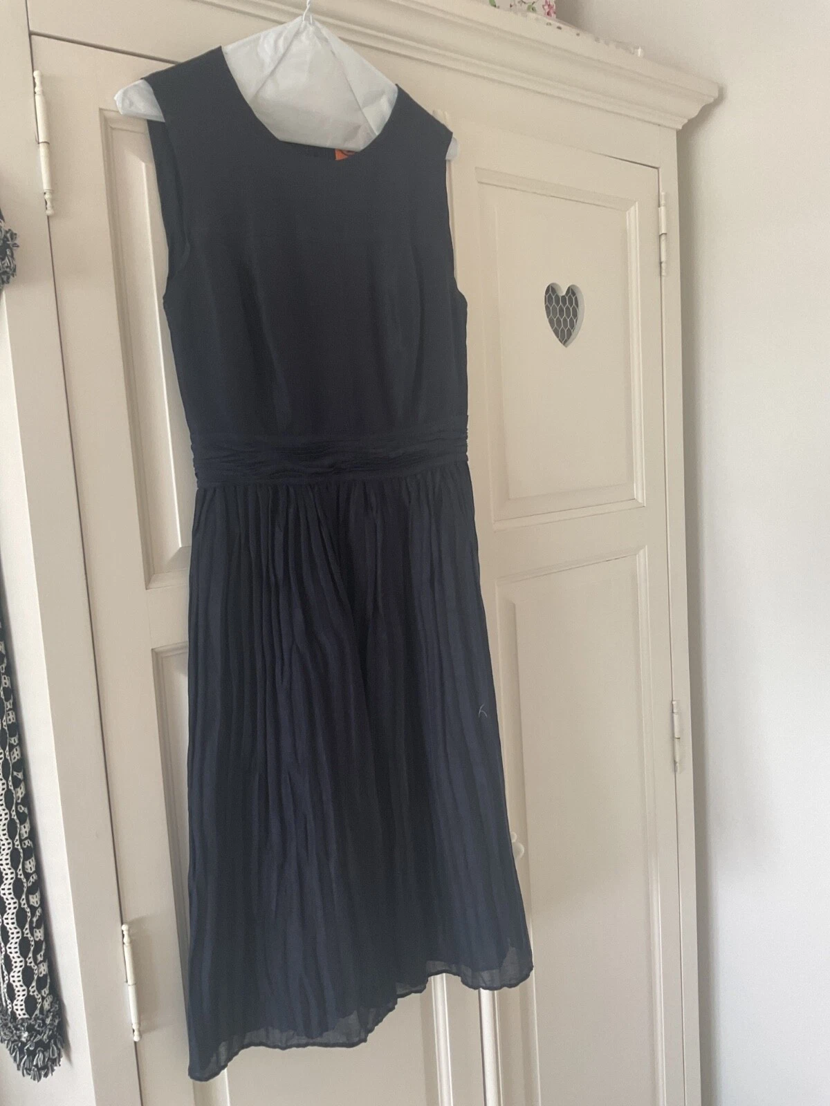 Abito midi senza maniche Tory Burch blu navy seta lino UK 8