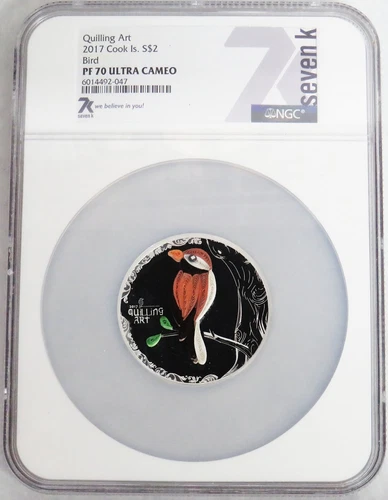 2017 SILVER COOK ISLANDS $2 COLORIZED BIRD QUILLING ART NGC PF 70 UC