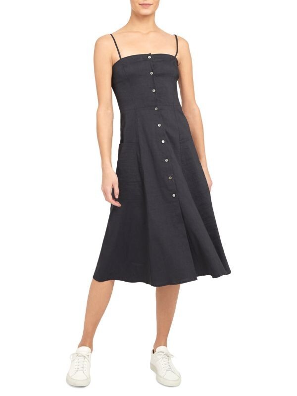 NWT $375 Theory Kayleigh Button Midi Dress with Pockets - Linen Blend, Black, 10