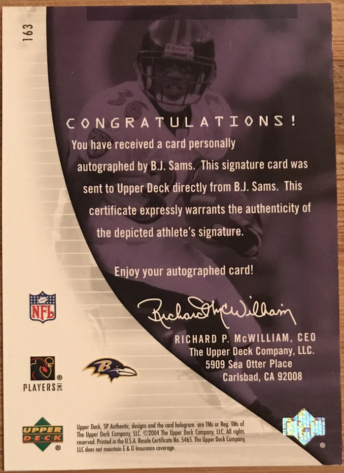 2004 SP Authentic Rookie Autograph B.J. Sams #163 #’d 503/990 - Image 2 of 2