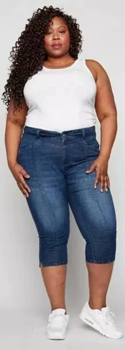 Ladies Womens Denim Shorts 3/4 Crops Stretch Fit Jeans Pedal Pushers PLUS SIZE - Image 4 of 4