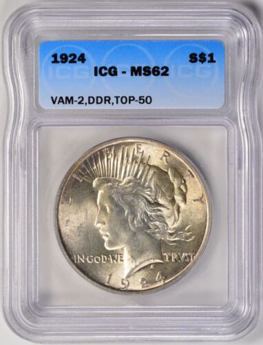 Dólar de plata Peace 1924 $1 VAM 2 DDR TOP 50 ICG MS62 - Imagen 1 de 4