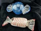 Vtg Large Art Glass Candy Pair Murano Style Blue Swirl Red Peppermint Blown 6-7"