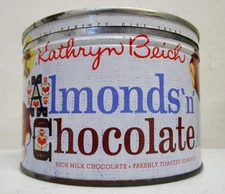 VINTAGE KATHRYN BEICH ALMONDS 'N' CHOCOLATE CANDY TIN CAN W/ LID EMPTY