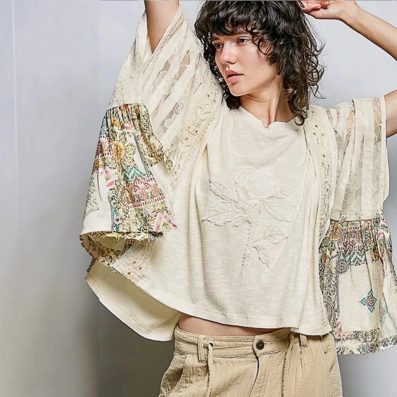 Pol Boho-Style Poncho Crop Top Shirt Polo Floral Embroidery Oversized Size S M L
