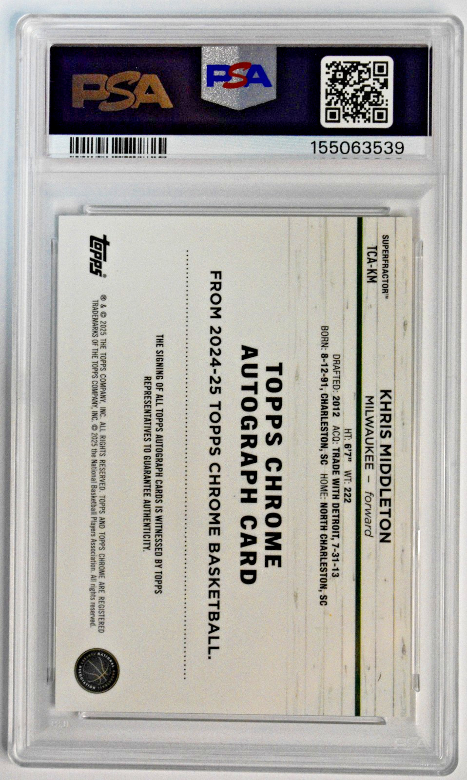2024 Topps Chrome Autograph Superfractor 1/1 Khris Middleton PSA 8 Milwaukee view 2