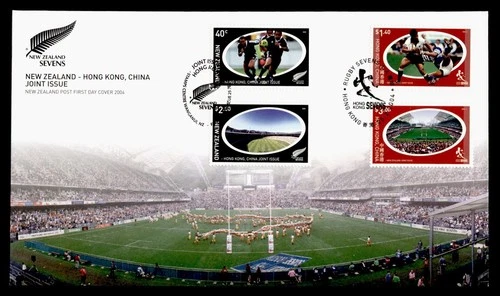DR WHO 2004 NEW ZEALAND FDC JOINT ISSUE HONG KONG CHINA RUGBY 7 COMBO M79686