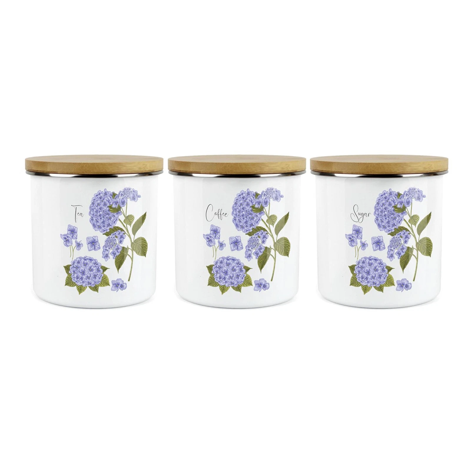 Hydrangea Floral Tea, Coffee & Sugar Canister Set - Enamel Storage Container