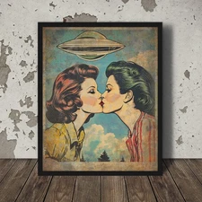 Vintage GIRL KISS UFO Wall Art, Retro Sci-Fi Lesbian Gay Girlfriend LGBTQ Decor