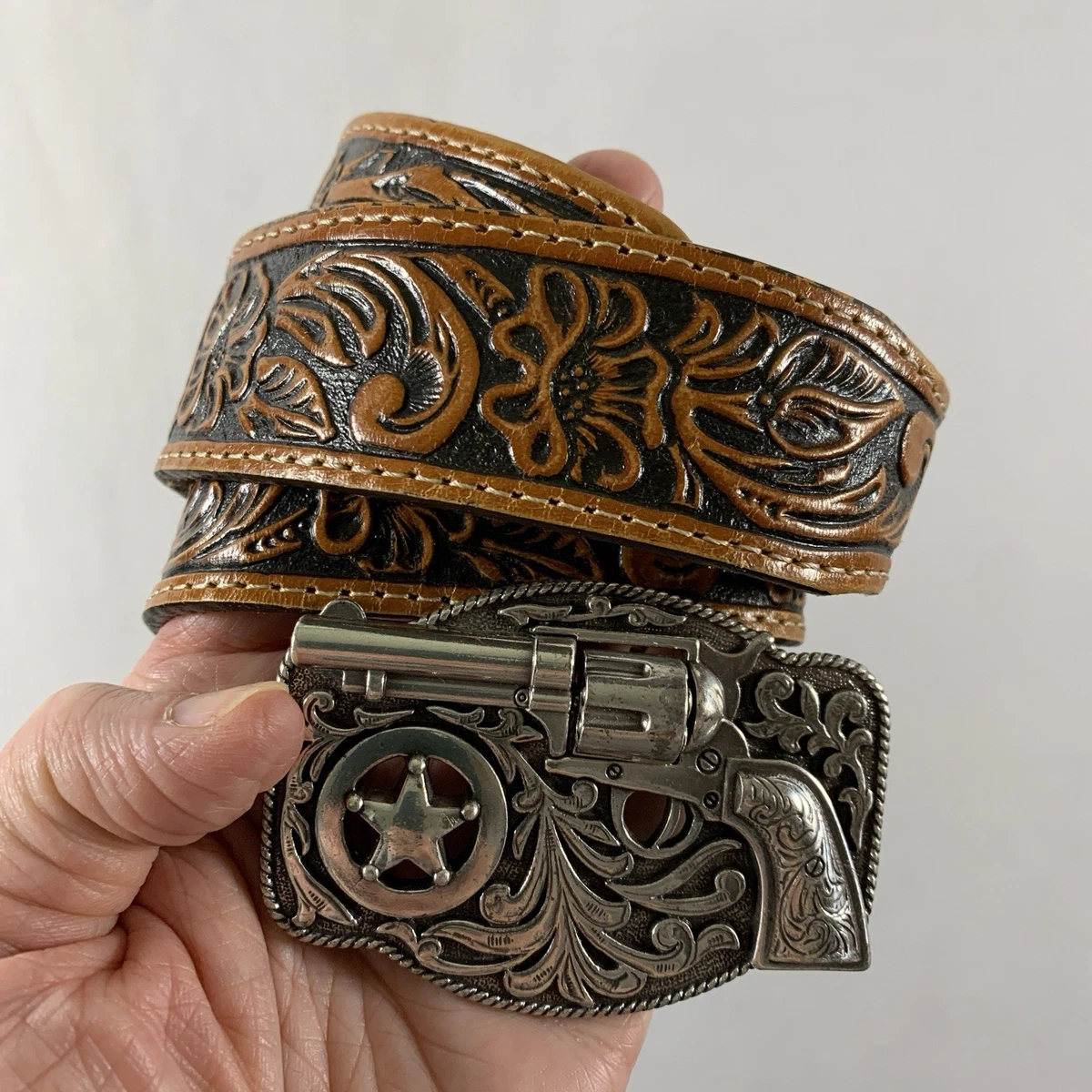 Justin Boots | Woven Leather Brown Belt Inset Detail German Silver & Gold Buckle Justin Black and Brown Leather Belt 53700 — Boyers BootnShoe main image 4