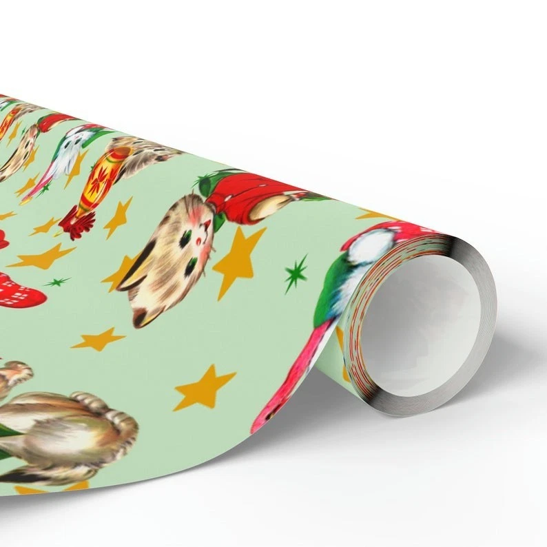 Cute Cat Christmas Wrapping Paper, Vintage Kitten Lover Holiday Gift Wrap Rolls - Image 4 of 4