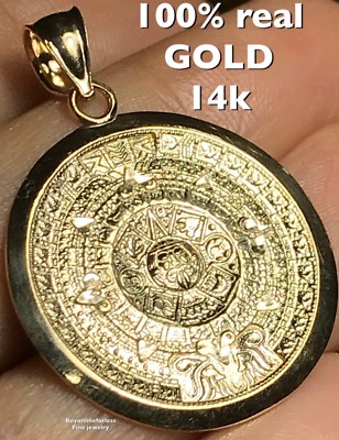 GoLD Azteken Anhänger 14K Azteken Sonne Maya Charm Massiv Echt Charm Halskette MEDIUM