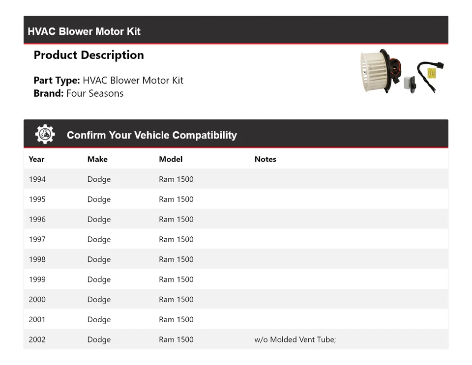 Комплект двигателя вентилятора для Dodge Ram 1500 1994-2002 годов выпуска 4 сезона 1995 1996 1997 1998 - Изображение 2 из 3