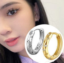 925 Sterling Silver Plated CZ Star Round Huggie Hoop Earrings 12mm Gift I102