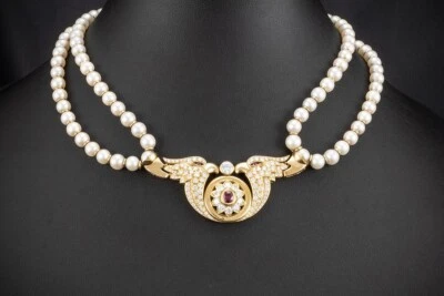 Akoya Perlenkette 2 Adler Collier mit Diamanten und Rubin 750er Gelbgold Schmuck - Bild 1 von 4