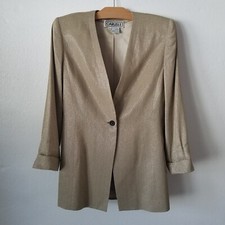 Vtg Carlisle Womens 6 Metallic Blazer Single Jewel Button Closure Tan